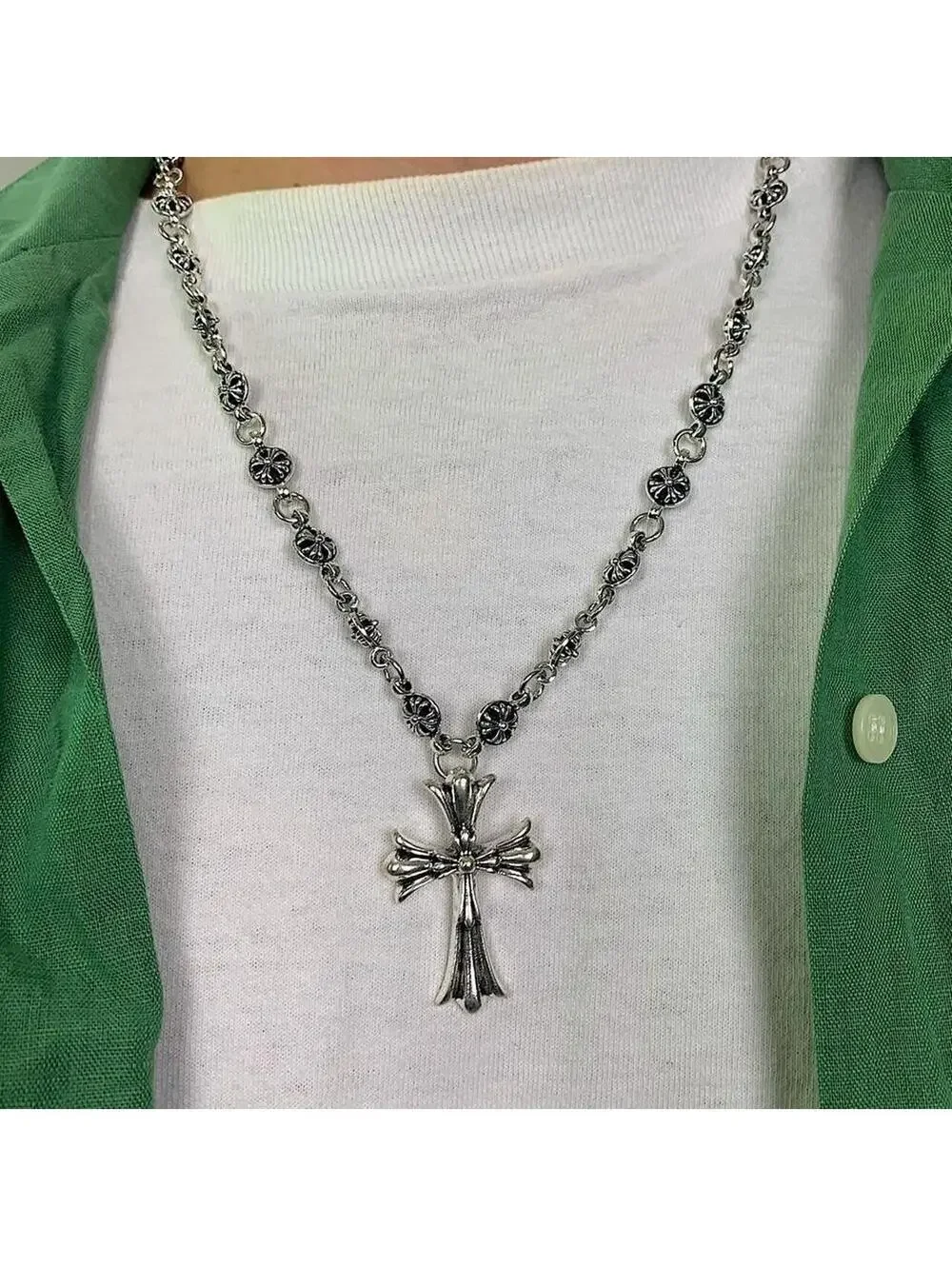 Grunge Cyber y2k silver gothic cross long necklace chain. 24 inches length